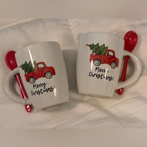 Merry Christmas Red Truck Mugs with Spoons  Set of 2
